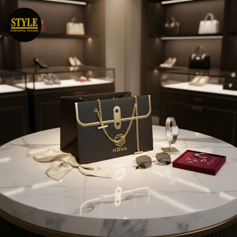 Elegant small recyclable luxury paper bag with a metal-chain handle ST426（Customizable）